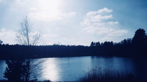 Scenic view of lake by silhouette forest against sky