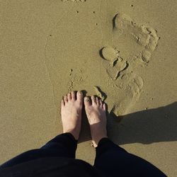 Low section of woman standing on sand at beach