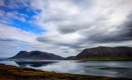 Scenic view of lake against cloudy sky