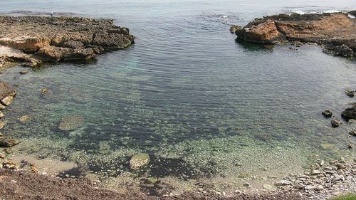 High angle view of rock formation in sea