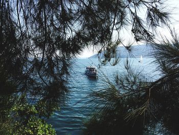 High angle view of boat sailing in river