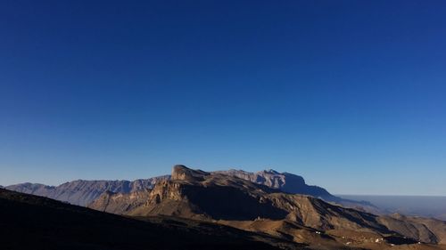 Scenic view of jebel shams against clear blue sky