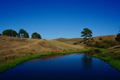 Scenic view of lake against clear blue sky