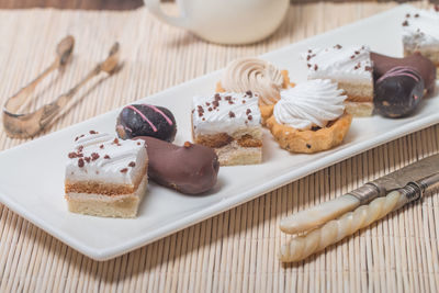 High angle view of dessert in plate on table