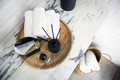 High angle view of tray in bathroom