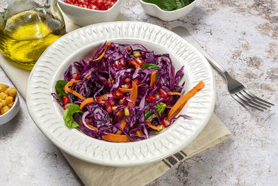 High angle view of food in bowl on table