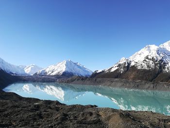 Scenic view of snowcapped mountains against clear blue sky