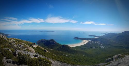 Scenic view of sea and mountains against blue sky