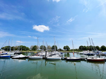 Boats moored at harbor