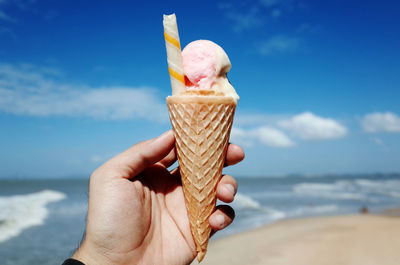 Close-up of hand holding ice cream cone