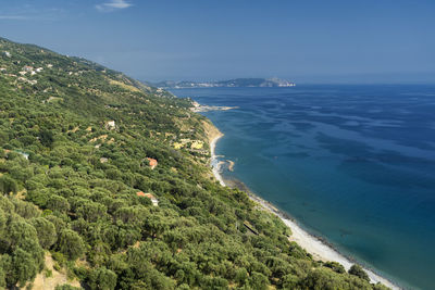 High angle view of bay against clear sky