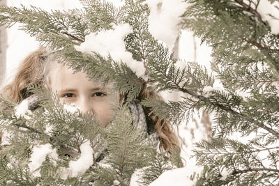 Portrait of boy with snow covered tree