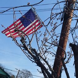 Low angle view of flags against clear sky