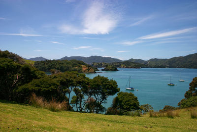 Scenic view of bay against sky