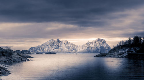 Scenic view of snowcapped mountains against sky during sunset