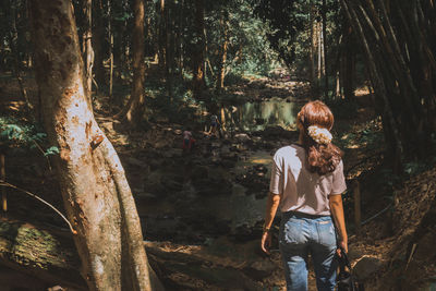 Rear view of woman standing by tree trunk in forest