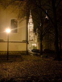 Illuminated street light by building in city at night