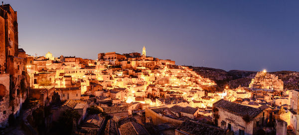 High angle view of townscape against sky at night