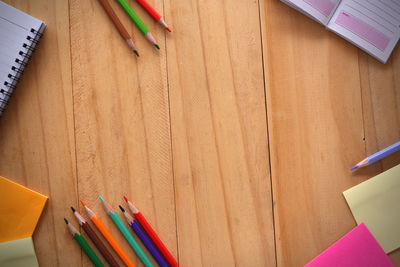 High angle view of colored pencils on table