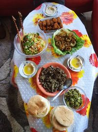 High angle view of serving food on table