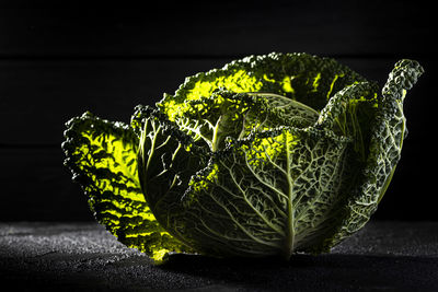 Close-up of lemon on table against black background