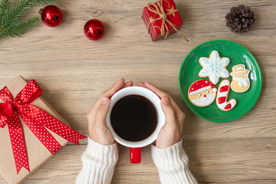 High angle view of christmas decorations on table