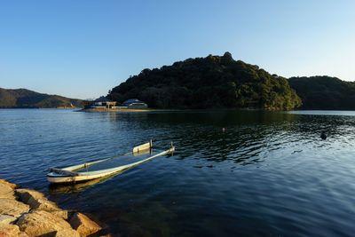 Scenic view of calm lake against clear sky