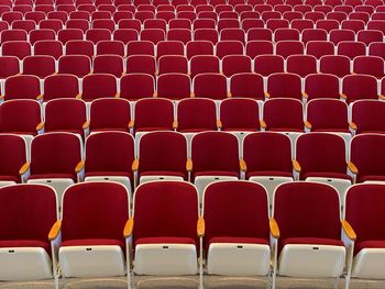 Empty red chairs in stage theater