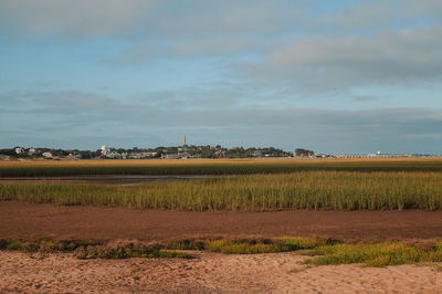Scenic view of marsh against sky with provincetown harbour in the distance