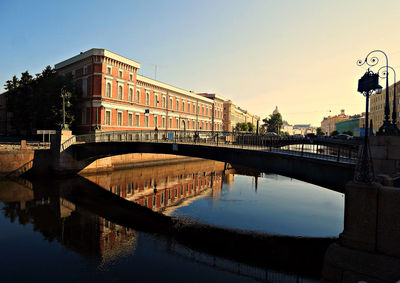 Bridge over river by buildings against sky in city