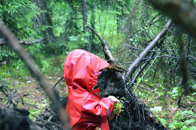 Child in raincoat holding plants at forest