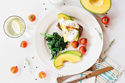 High angle view of food served on table