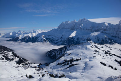 Scenic view of snowcapped mountains against sky