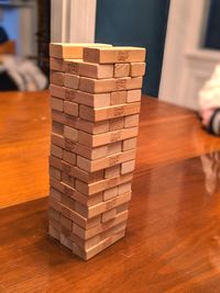 Close-up of stack of wooden table