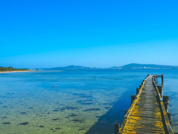 Scenic view of sea against clear blue sky