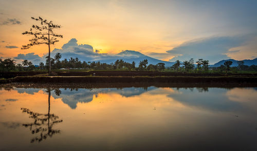 Scenic view of lake against sky during sunset