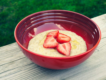 High angle view of dessert in bowl on table