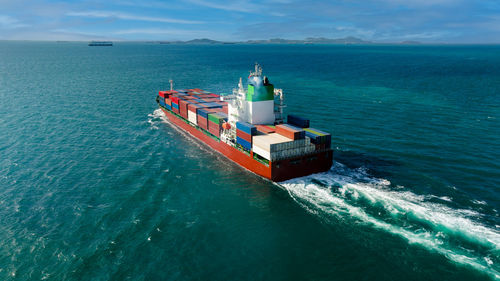 High angle view of ship in sea against sky