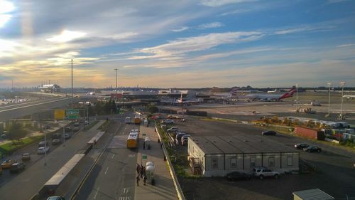 High angle view of airport runway against sky