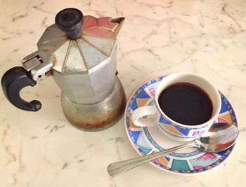 High angle view of coffee on table