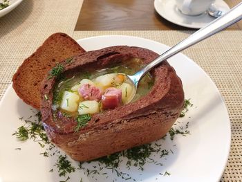 High angle view of breakfast served on table
