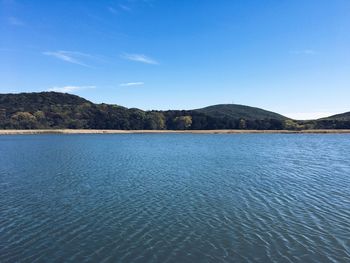 Scenic view of lake against blue sky