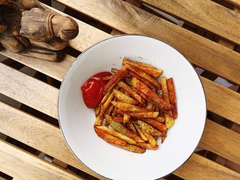 High angle view of food in plate on table