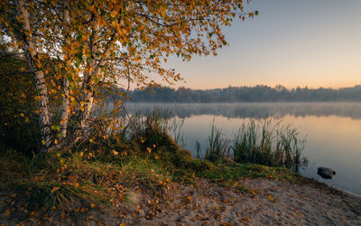 Scenic view of lake against sky during autumn