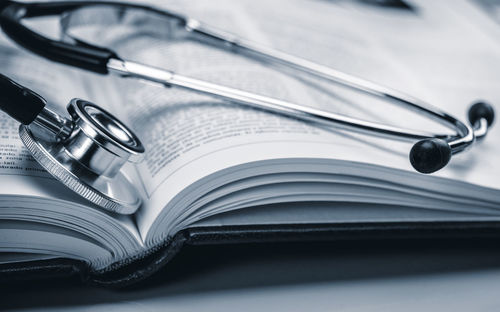 High angle view of open book on table