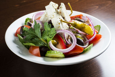 High angle view of salad in plate on table