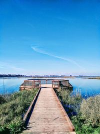 Scenic view of sea against clear blue sky