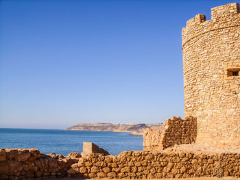 Scenic view of sea against clear blue sky