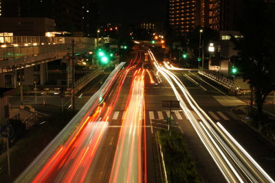 High angle view of light trails on city street