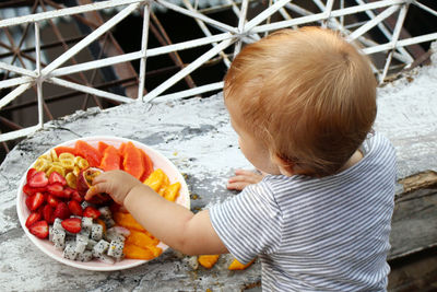 High angle view of man having food